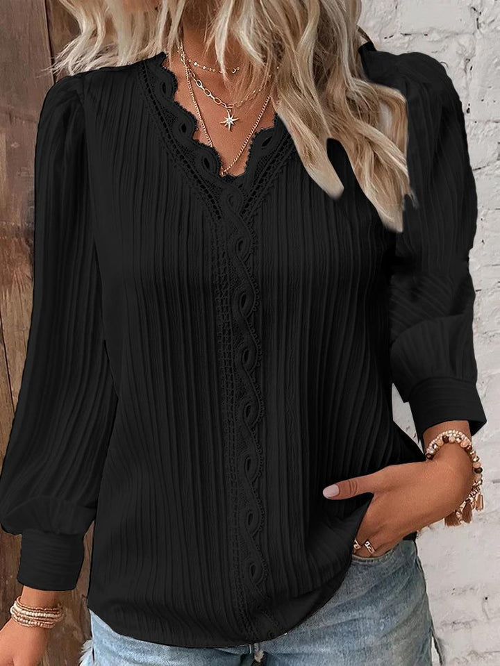 Damen nan romantische V-Ausschnitt Spitzenbluse mit Plissee und Puffärmeln Drune