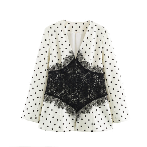 Damen Taillierter Blazer mit Spitzenbesatz und Punktemuster Drune