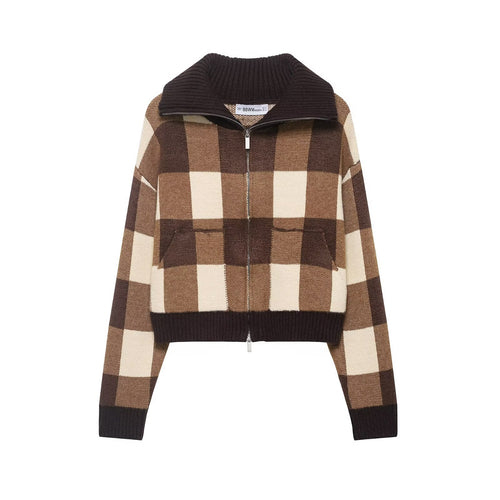 Damen Kariertes Strick-Cropped-Cardigan mit Reißverschluss und breitem Rippenkragen Drune