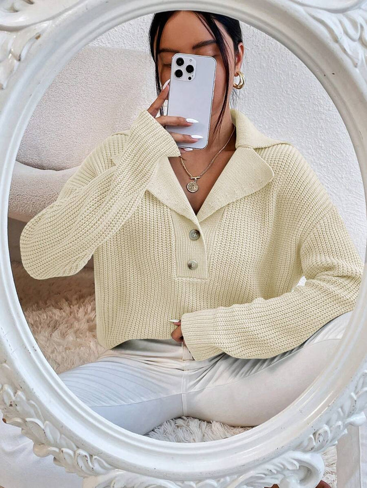 Damen eleganter und lässiger Strickpullover mit Kragen und Knopfleiste Drune