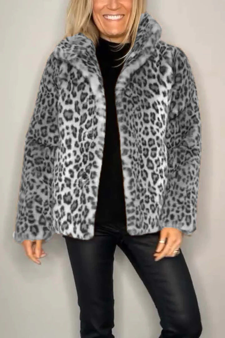 Damen Flauschige Leopardmuster Jacke mit hohem Kragen Drune