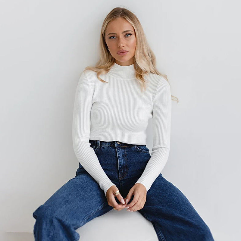 Damen Enganliegender Rippstrickpullover mit Stehkragen Drune