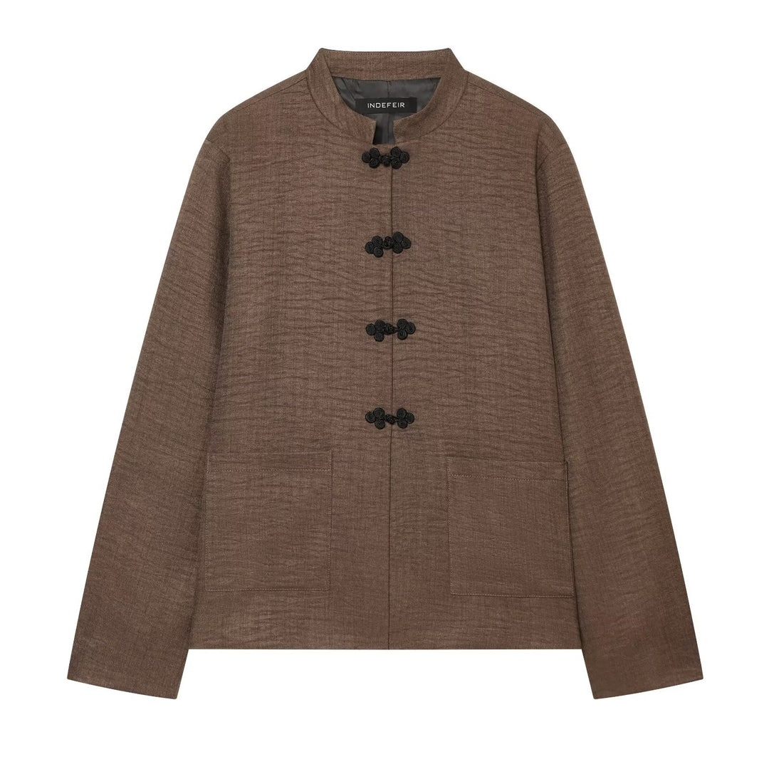 Damen Boxy-Cropped Leinenjacke mit Stehkragen und Froschverschlüssen Drune