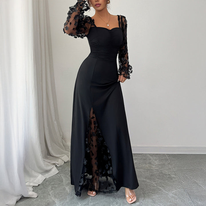 Damen Elegantes Maxikleid mit raffinierten Rüschendetails und transparenter Unterlage Drune