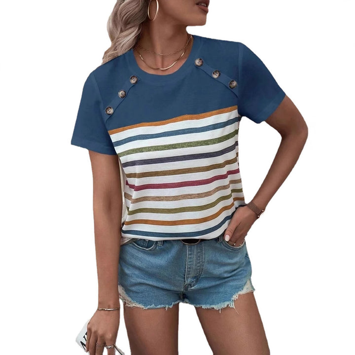Damen gestreiftes T-Shirt mit modischen Knopfdetails und Rundhalsausschnitt Drune
