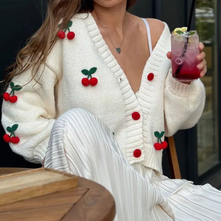 Damen Verspielter Strickcardigan mit Kirschapplikationen Drune