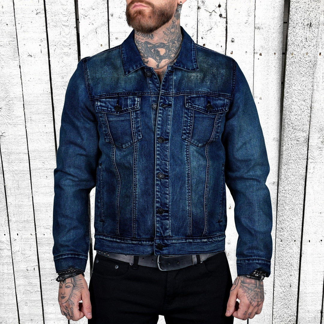 Herren nan taillierte Trucker-Denimjacke mit Pattentaschen, Metallknopfleiste und kontrastierenden Nähten Drune