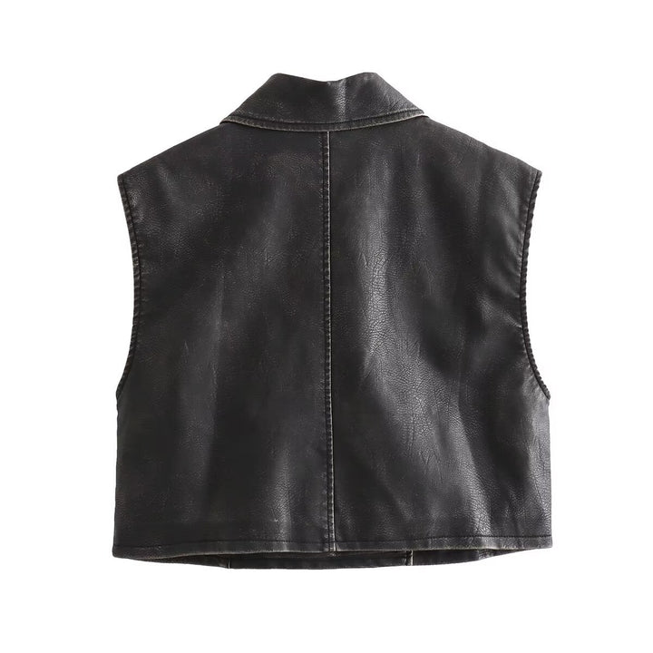 Damen nan kurzes ärmelloses Biker-Weste aus Kunstleder mit breitem Revers und asymmetrischem Reißverschluss Drune
