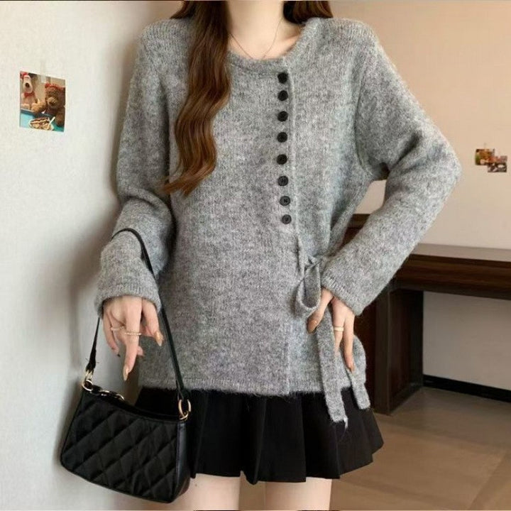 Damen Strickjacke mit seitlichem Bindeband und Knopfdetails Drune