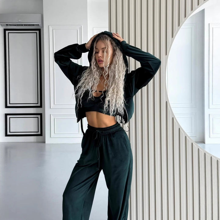 Damen Fleece-Sportanzug mit hohem Kragen und elegantem Reißverschluss