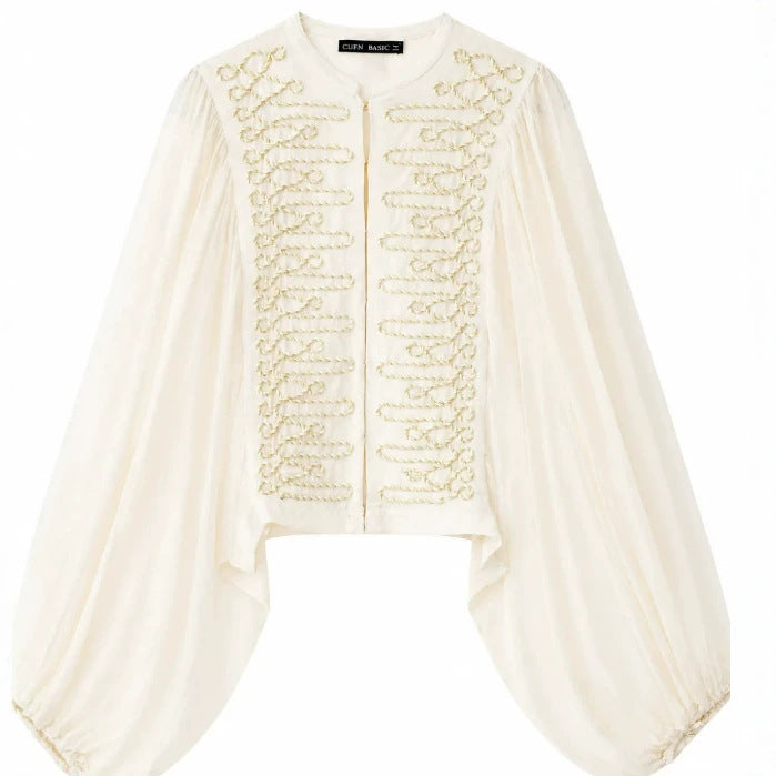 Damen Kurzbluse im Folklore‑Militärstil mit voluminösen Bischofärmeln Drune