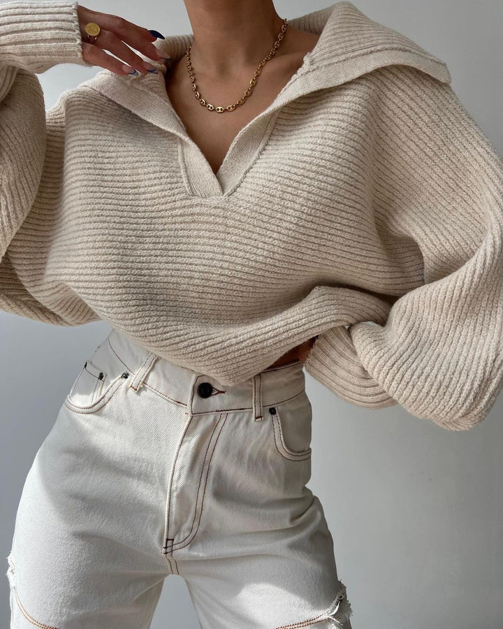 Damen Oversize Rippsweater mit Reverskragen und tiefem V‑Ausschnitt Drune