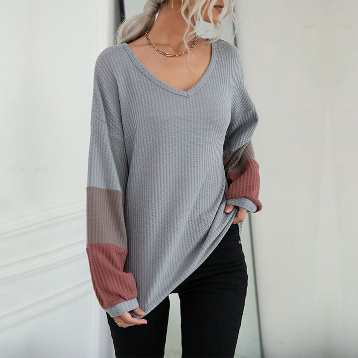 Damen Legeres Waffelstrick-Tunika-Shirt mit V‑Ausschnitt und Colorblock-Ärmeln Drune