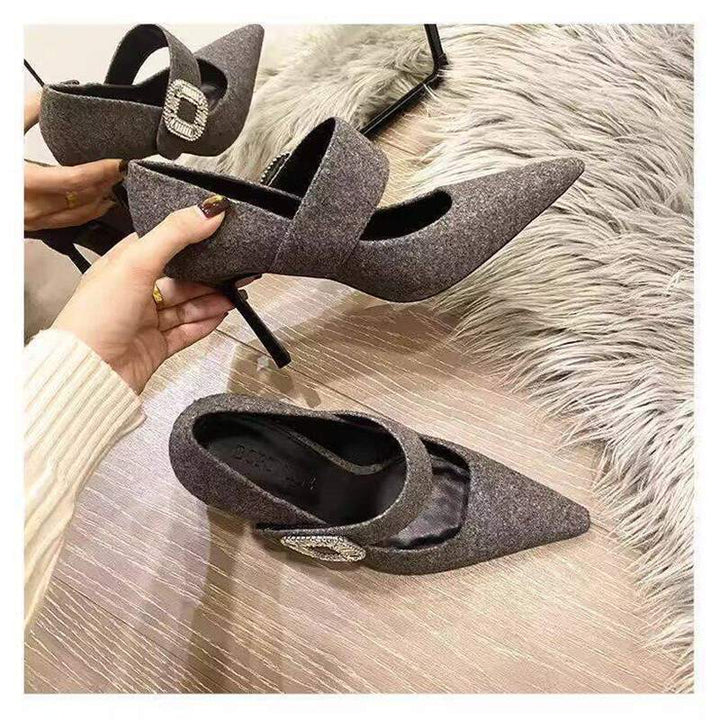 Damen Elegante spitz zulaufende Mary-Jane-Pumps mit Wollfilz-Optik, schmalem Stiletto und Kristall-Schnalle Drune