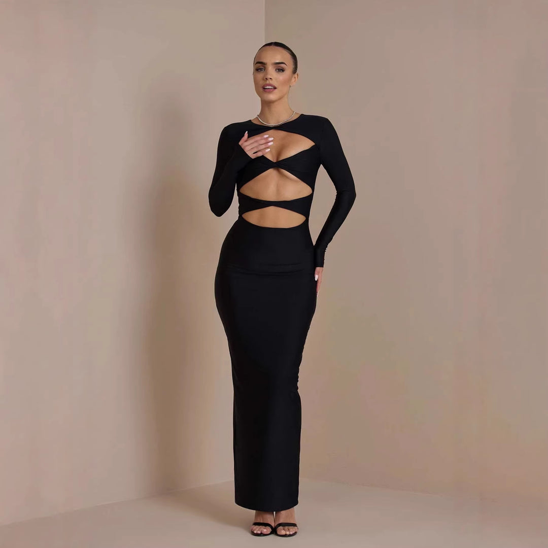 Damen Elegantes Cut-Out-Maxikleid mit langen Ärmeln und tiefem Ausschnitt Drune
