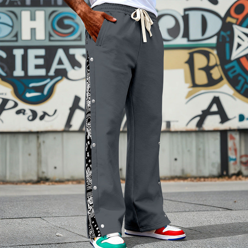 Herren Weite Snap-Trackhose mit Tunnelzug, seitlicher Bandana-Blende und Druckknopfleiste Drune