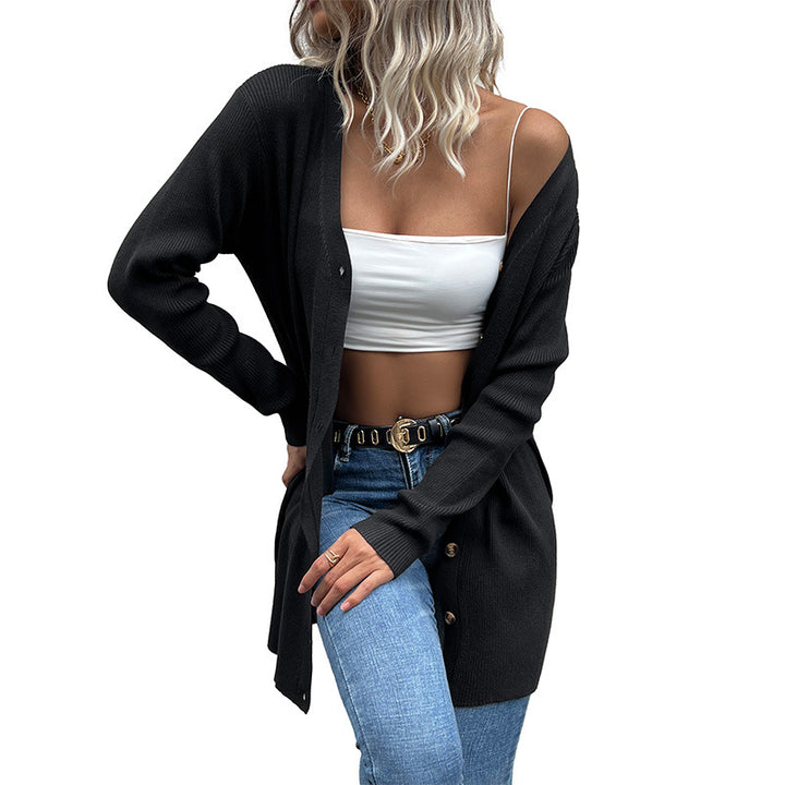 Damen Lange gerippte Strickjacke mit Knopfleiste und V-Ausschnitt Drune