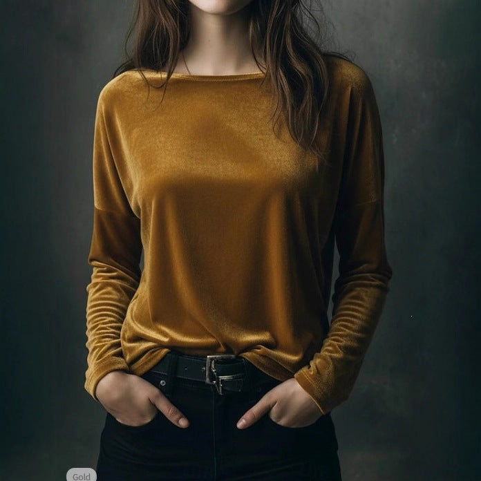 Damen Feines Velours-Langarmshirt mit U-Boot-Ausschnitt und kastiger Silhouette Drune