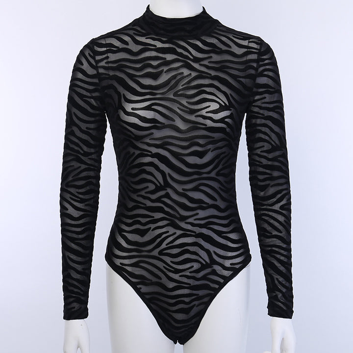 Damen eleganter und transparenter Langarm-Bodysuit mit Zebra-Design Drune