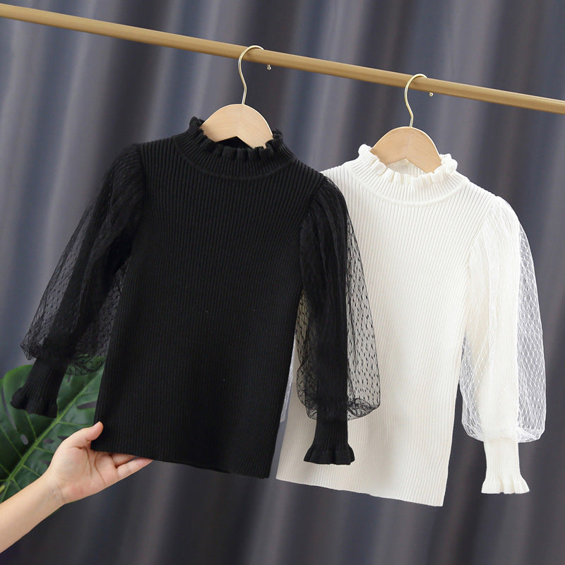 Mädchen elegantes Pullover mit transparenter Spitzenärmel Drune