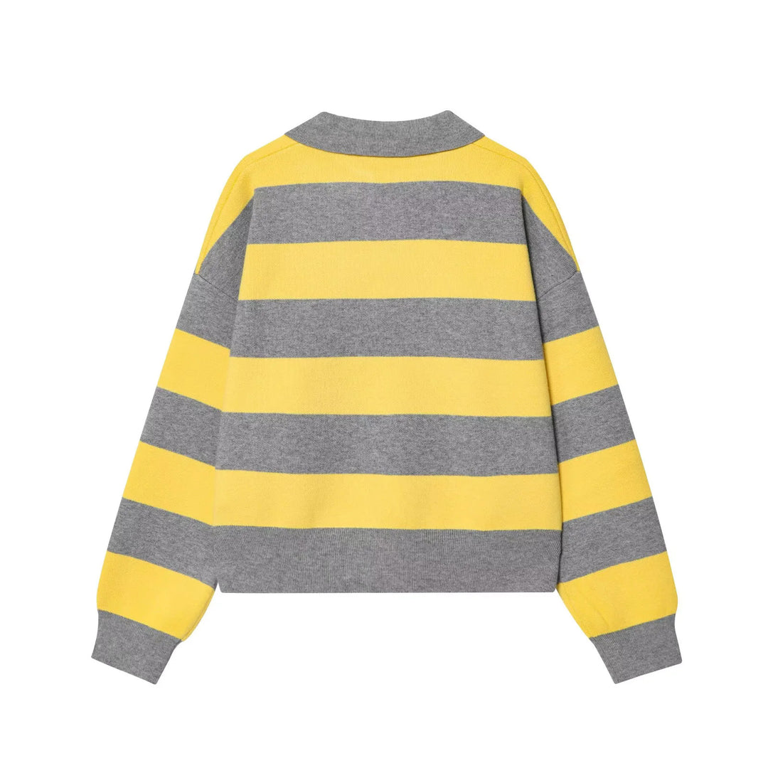 Damen nan gestreifter Rugby-Pullover mit Polokragen, V-Ausschnitt und kastiger Oversize-Silhouette Drune