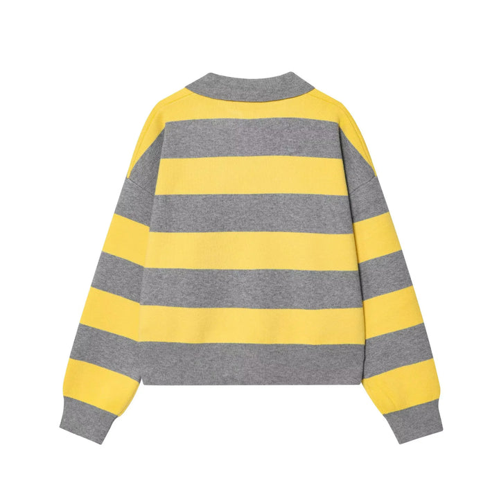 Damen nan gestreifter Rugby-Pullover mit Polokragen, V-Ausschnitt und kastiger Oversize-Silhouette Drune