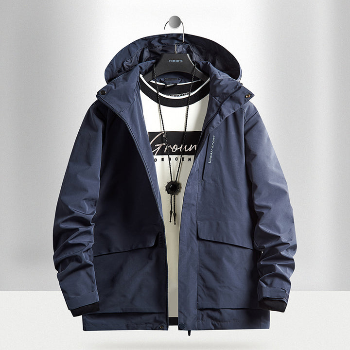 Herren wasserdichte Stadt-Outdoorjacke mit Kapuze, verdecktem Reißverschluss und Cargo-Taschen Drune