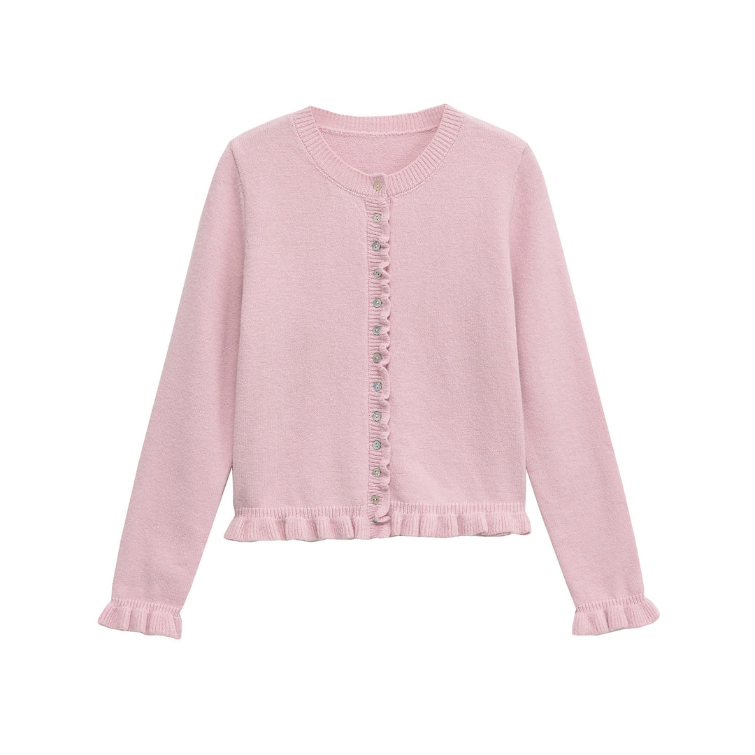 Damen Strickjacke mit Rüschendetails und dekorativen Knöpfen Drune