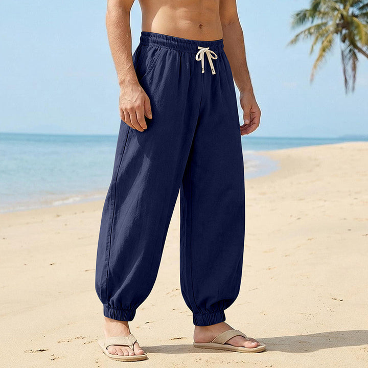 Herren Weite Leinenoptik-Strandhose mit Kordelzug, elastischem Bund und gerafften Beinabschlüssen Drune