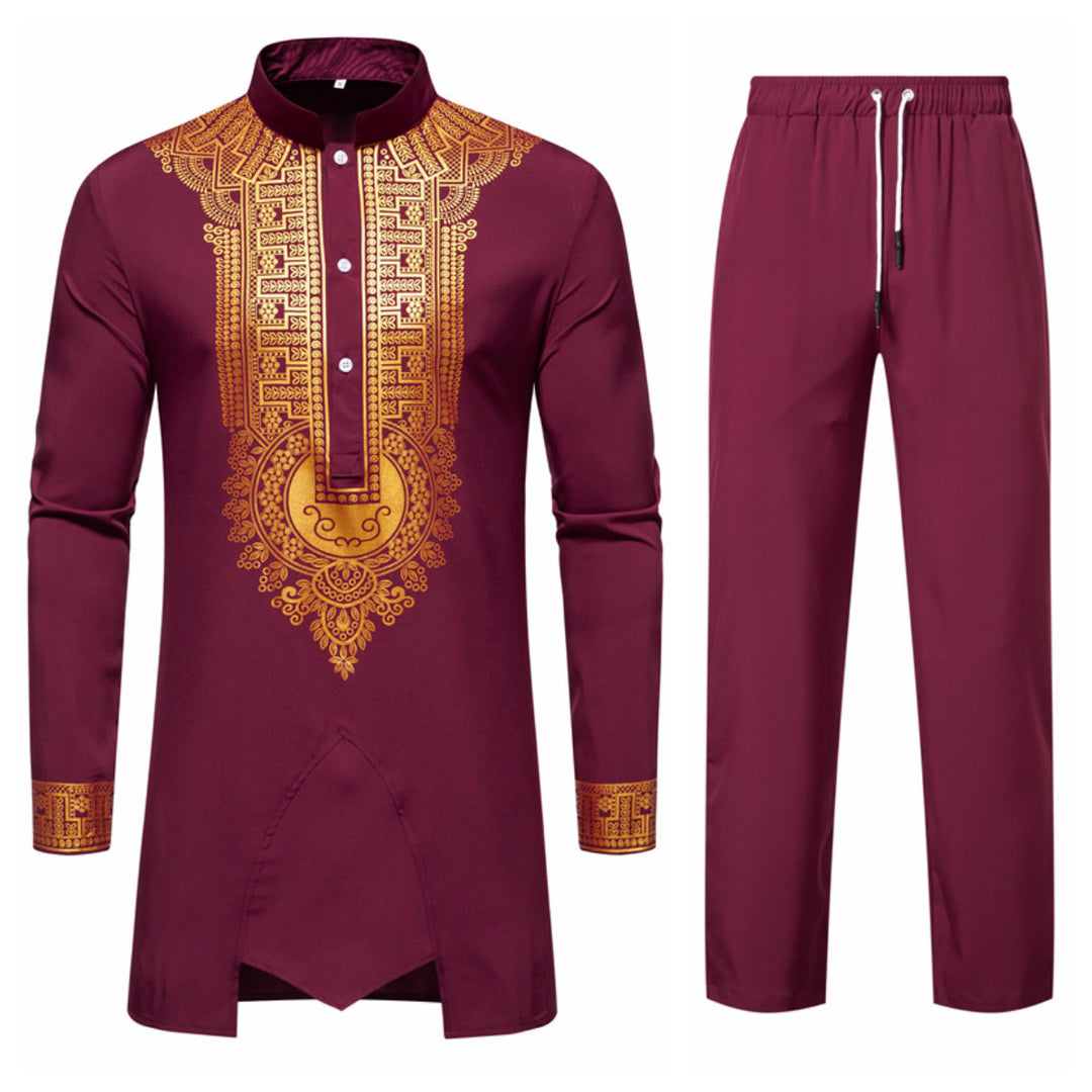 Herren Traditionelles Tunika-Set mit Stehkragen und goldfarbenem Ornamentdruck, Longshirt & Tunnelzughose Drune