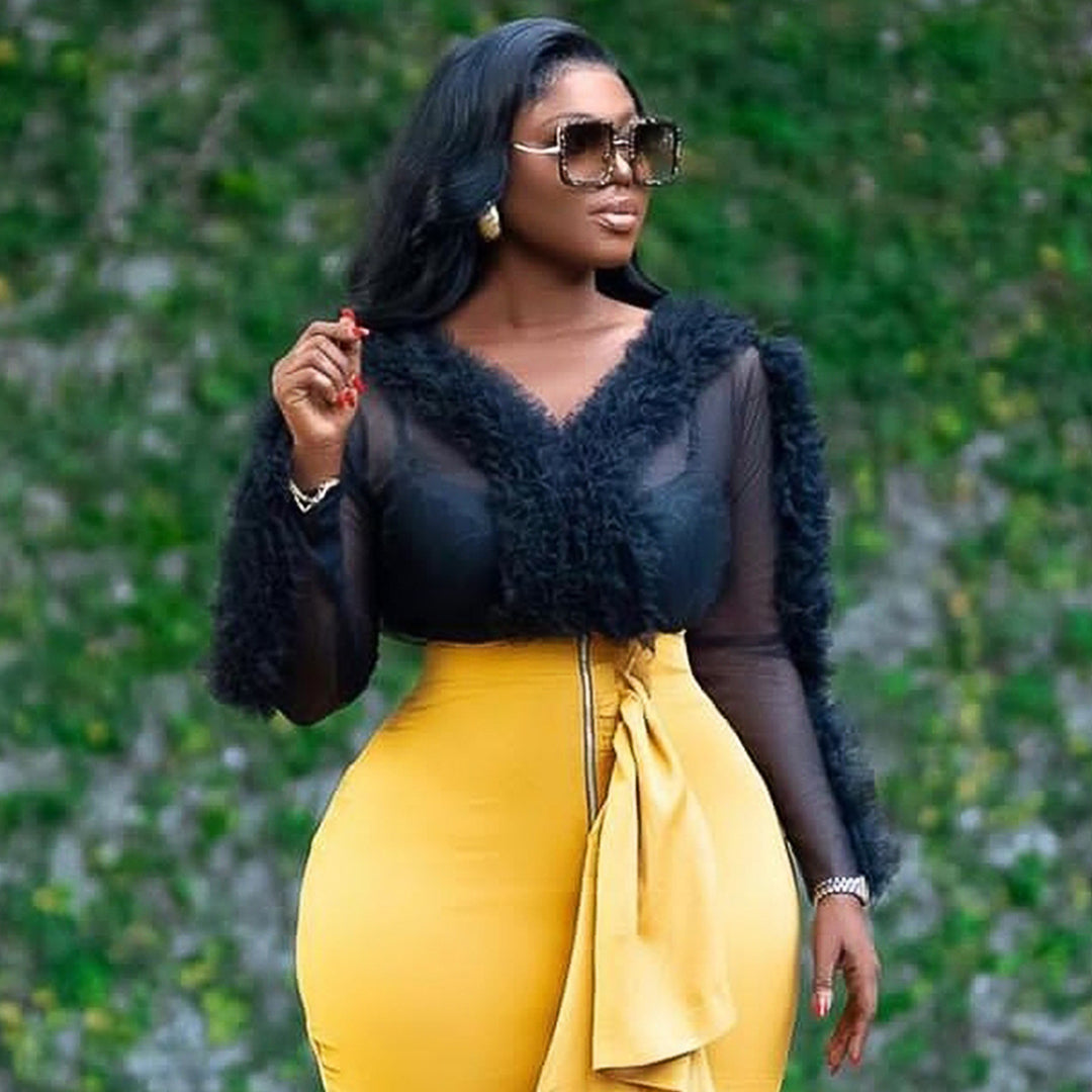 Damen transparente Bluse mit voluminösen Rüschen Drune