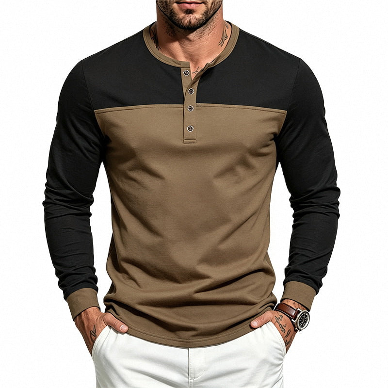 Herren Slim-Fit Henley-Langarmshirt mit Kontrastpaneel und Metallknopfleiste Drune