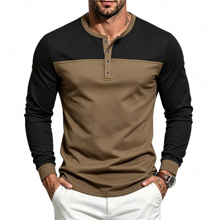 Herren Slim-Fit Henley-Langarmshirt mit Kontrastpaneel und Metallknopfleiste Drune
