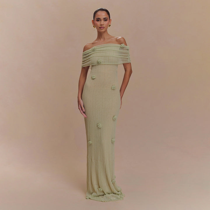 Damen Elegantes Maxikleid mit Off-Shoulder Schnitt und floralem Detail Drune