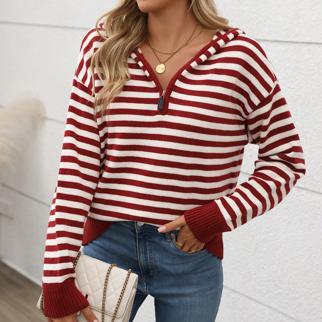 Damen Modischer Strickpullover mit Kapuze und halbem Reißverschluss Drune