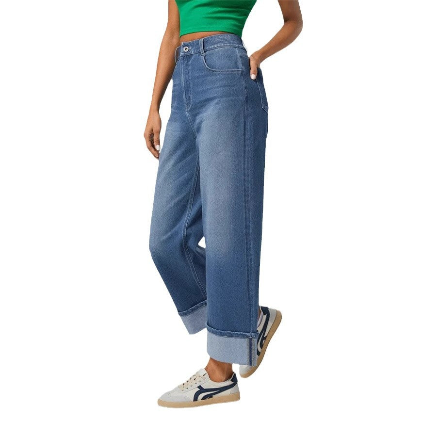Damen Weit geschnittene Jeans mit hohem Bund und umgeschlagenem Saum Drune