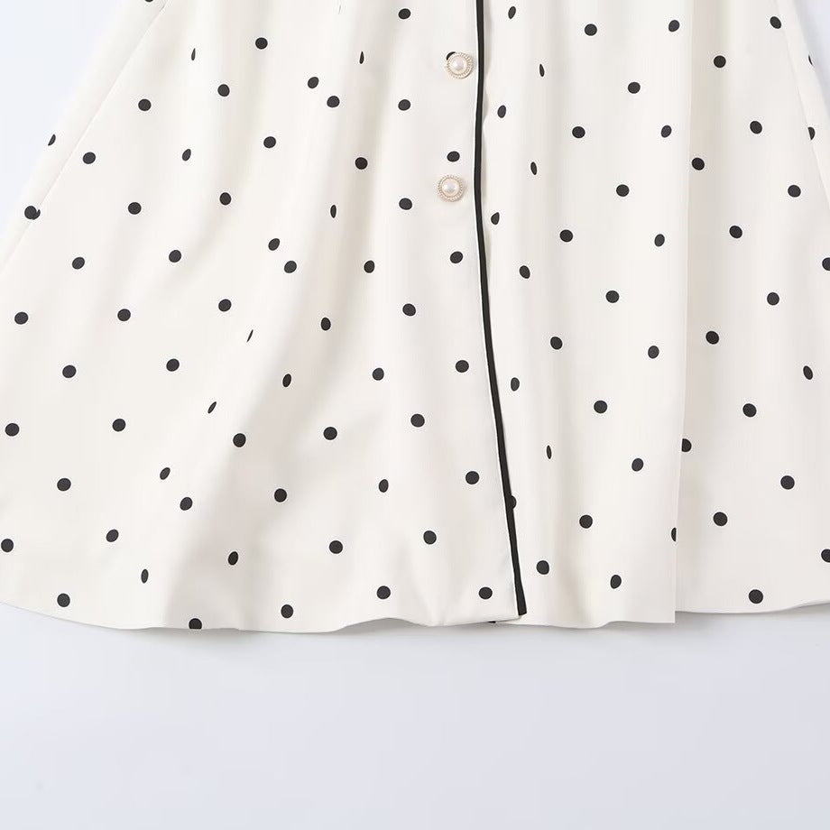 Damen Midi-Hemdblusenkleid mit Polka‑Dot, Kontrastpaspel und Taillengürtel Drune
