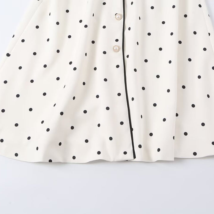 Damen Midi-Hemdblusenkleid mit Polka‑Dot, Kontrastpaspel und Taillengürtel Drune
