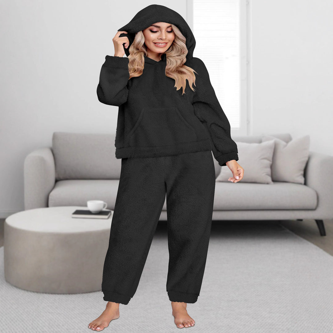 Damen Kuscheliges Teddy-Fleece Lounge-Set mit Kapuzenpullover und Jogginghose Drune