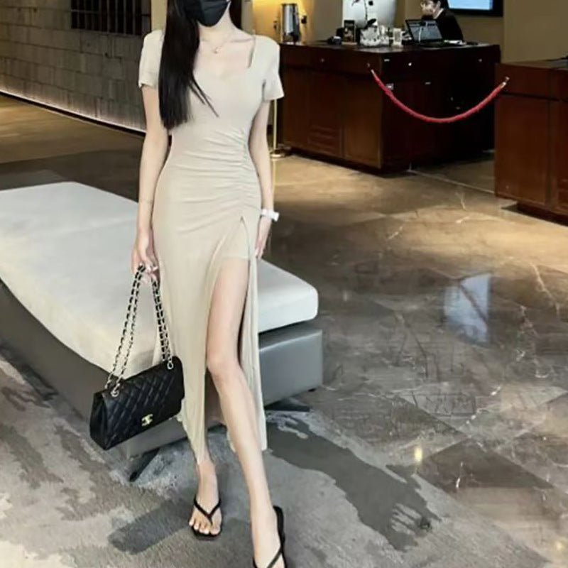 Damen figurbetontes langes Kleid mit schickem Raffungseffekt und hohem Schlitz Drune