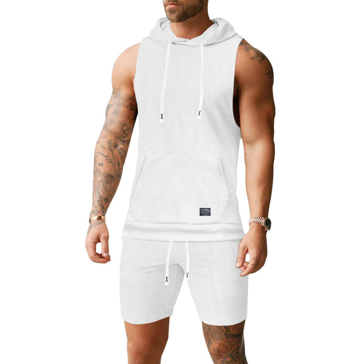 Herren nan ärmelloses Kapuzenweste-Set aus strukturiertem Baumwollmix mit Kängurutasche und Tunnelzug-Shorts Drune