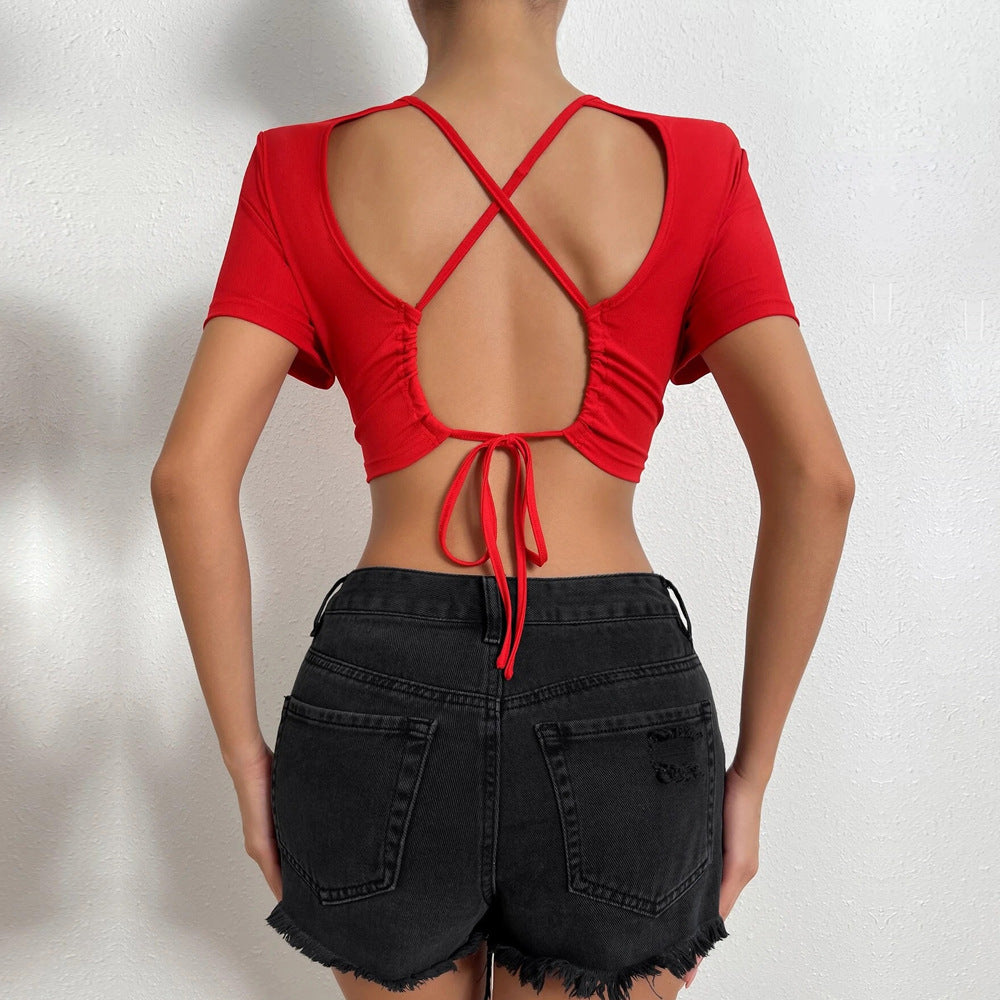Damen cropped Oberteil mit dekorativen Rückenbindebändern Drune