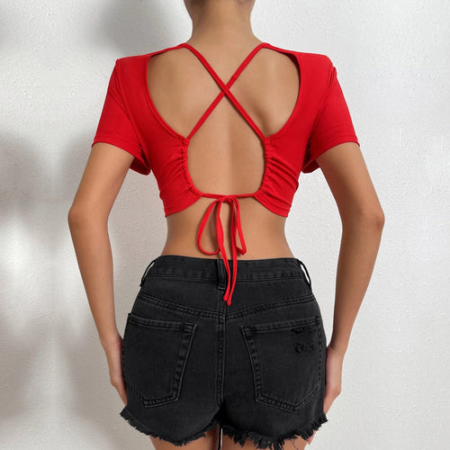 Damen cropped Oberteil mit dekorativen Rückenbindebändern Drune