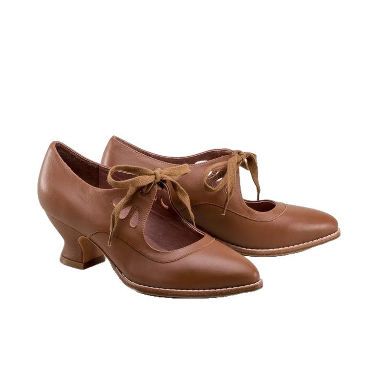 Damen nan Retro-Riemchenpumps mit geschwungenem Kittenabsatz, blattförmigen Aussparungen und dekorativem Schleifenverschluss Drune