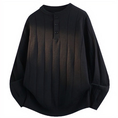 Unisex Oversized Strukturierter Henley-Strickpullover mit vertikaler Rippenstruktur und halber Knopfleiste Drune