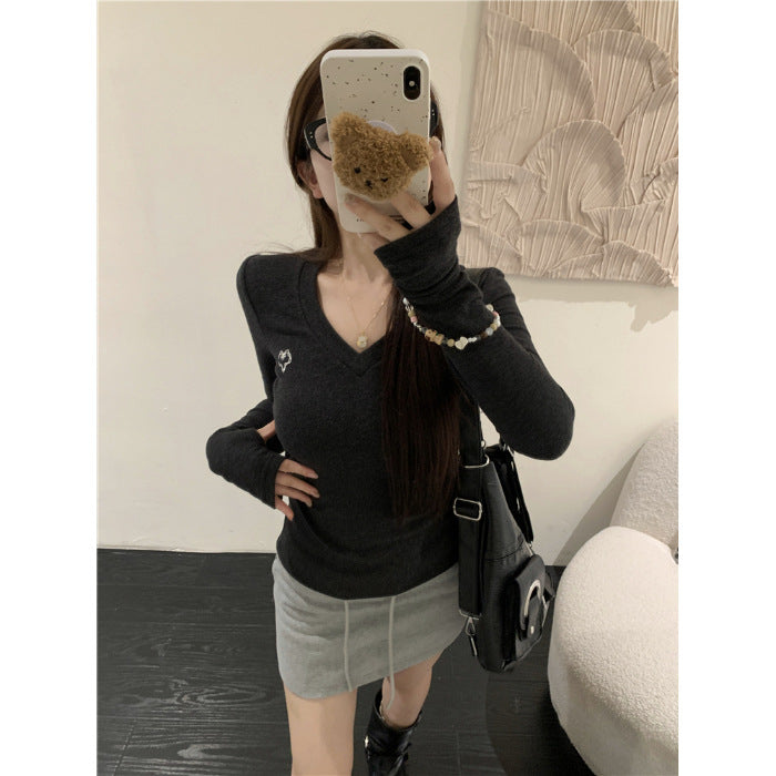 Damen Langarmshirt mit V-Ausschnitt und eleganten Rippstrukturen Drune