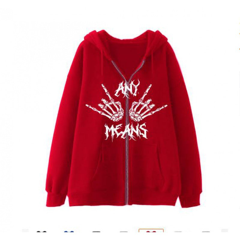 Damen Kapuzensweatshirt mit kreativem Skelettmotiv und praktischem Reißverschluss Drune