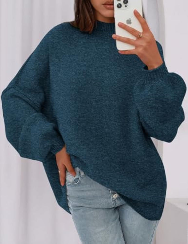 Damen Oversize-Strickpullover mit Stehkragen und Ballonärmeln Drune