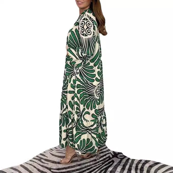 Damen Lange Stufen Kleid mit Knopfleiste und abstraktem Blattdruck Drune