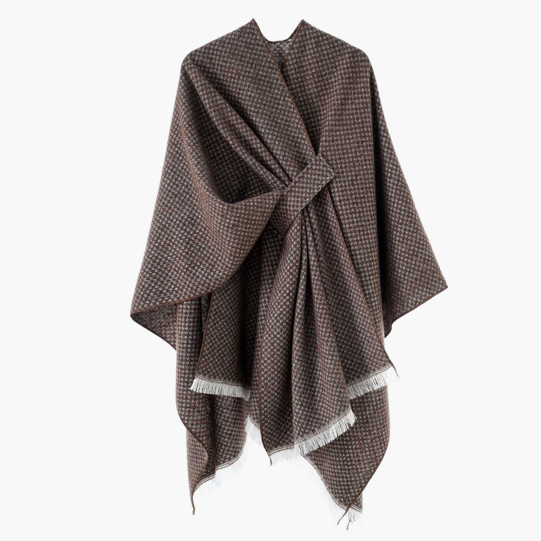 Damen Umlegbarer Wollmix-Poncho mit Hahnentritt-Jacquard und Bindegürtel Drune